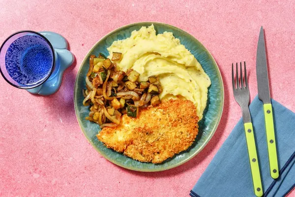 Lieu noir pané au pesto, purée et courgette au Monsieur Cuisine