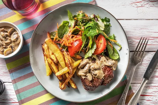 Rumsteak, sauce aux champignons et frites au four au Thermomix